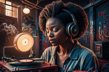 Black Woman Listening to Vinyl Records in a Retro Artistic Setting. Music and freedom concept