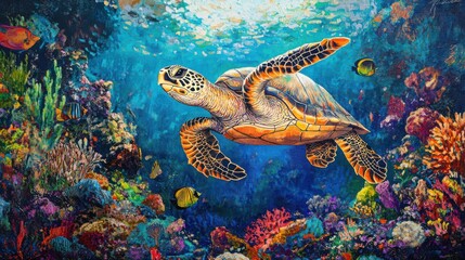 Obraz premium vibrant underwater scene of sea turtle gracefully swimming amidst colorful tropical fish. coral reef backdrop, shimmering water effects, and diverse marine life
