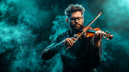 Fototapeta premium cinematic portrait of violinist performing under dramatic stage light, surrounded by smoke, creating captivating atmosphere