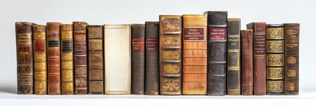A collection of vintage books lined up in order, showcasing different genres against a bright white background. Generative AI