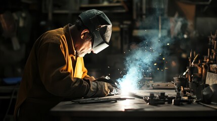 Welder at work. A metal worker welds metal parts at a factory