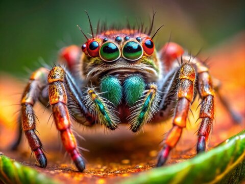 Captivating Close-Up of a Spanish Jumping Spider Saitis barbipes in Its Natural Habitat, Showcasing the Intricate Details of Its Body and Vibrant Colors with a Rule of Thirds Composition