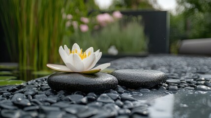 Fototapeta premium zen garden with massage stones and waterlily