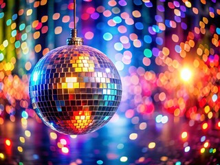 Obraz premium Captivating Disco Ball Hanging from a String, Reflecting Colorful Lights in a Vibrant Dance Floor Setting, Perfect for Party Atmosphere and Nightlife Themes