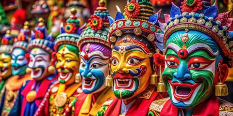 Fototapeta premium Captivating Documentary Photography of Traditional Korean Playing Masks: A Stunning Exploration of Cultural Heritage and Artistic Expression in Vibrant Colors and Rich Textures