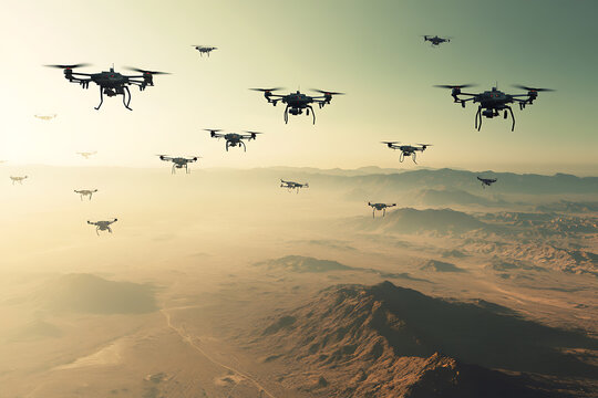 A swarm of military drones flying over a desert, symbolizing the advanced technology used in modern military conflicts and global security challenges.
