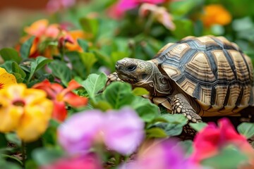 Tortoise explores vibrant flower garden filled with blooming pansies during a sunny afternoon in a tranquil outdoor setting