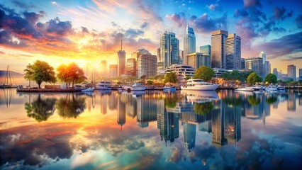 Fototapeta premium Captivating Double Exposure Photography of a National Waterfront Scene Blending Nature and Urban Life for Stunning Visual Impact