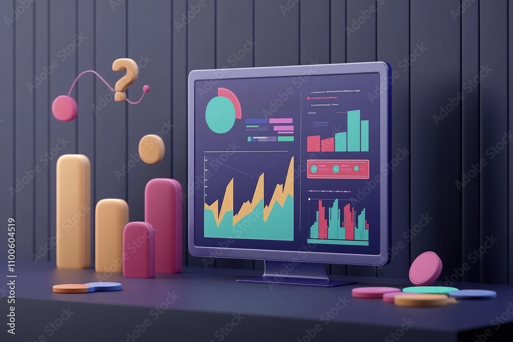 Poster 3d render of business data analytics display. modern ui design for web banner mockups shows growth c