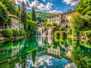 Fototapeta premium Captivating Double Exposure Photography of Prato's Fontana Pescatorello with Serene Water Reflections and Lush Greenery in a Dreamy Artistic Style