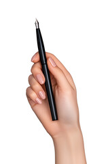Elegant hand holding a black fountain pen for writing on transparent background