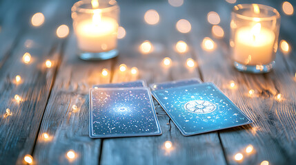 Tarot cards on wooden table surrounded by glowing candles and fairy lights, creating mystical atmosphere perfect for divination and reflection