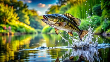 Fototapeta premium Captivating Landscape of a Black Bass Fish Leaping from a Serene River, Showcasing Nature's Vibrant Beauty in a Stunning Generative AI Artwork
