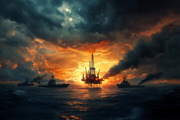 Fototapeta premium An offshore oil rig surrounded by warships and stormy skies, representing global tensions over energy resources and security risks. 