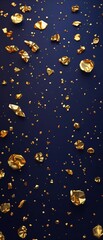Fototapeta premium Shiny gold foil decorations on a dark blue background with ambient light, elegant atmosphere, sophisticated design, decorative accents.