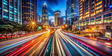 Obraz premium Captivating Light Trails of a Bustling City at Night Showcasing Urban Energy and Movement in a Stunning Candid Photography Style