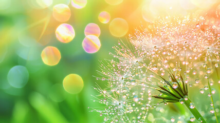 Macro photo of a blooming dandelion seed head with water droplets reflecting a rainbow, set against a softly blurred green background, showcasing nature’s delicate beauty.