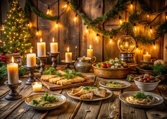 Fototapeta premium Captivating Long Exposure of a Traditional Norwegian Holiday Feast with Festive Decor, Breathtaking Lighting, and an Abundance of Delicious Traditional Dishes and Drinks