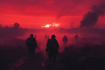 Soldiers advancing through a foggy battlefield with explosions in the distance, representing the intensity and unpredictability of military conflicts.
