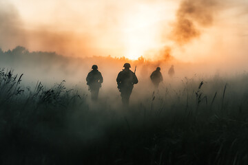Fototapeta premium Soldiers advancing through a foggy battlefield with explosions in the distance, representing the intensity and unpredictability of military conflicts. 