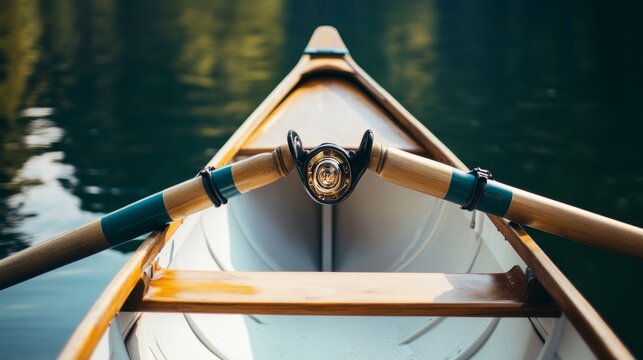 A rowing boat with a focus on the oarlocks, outdoor setting with a calm lake, Tranquil style
