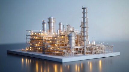 Fototapeta premium a refinery model displayed on a glossy platform with labeled sections for educational purposes