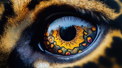 Close-up jaguar eye detail. Colorful iris pattern. Animal eye close-up. Big cat eye. Nature macro shot. Wild cat features. Orange colours. Patterned retina. Eye detail. Jungle animal. Wildlife photo.