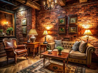 Fototapeta premium Captivating Low Light Photography of an Old Interior Featuring a Rustic Brick Wall with Vintage Decor and Atmospheric Lighting for a Cozy Ambiance