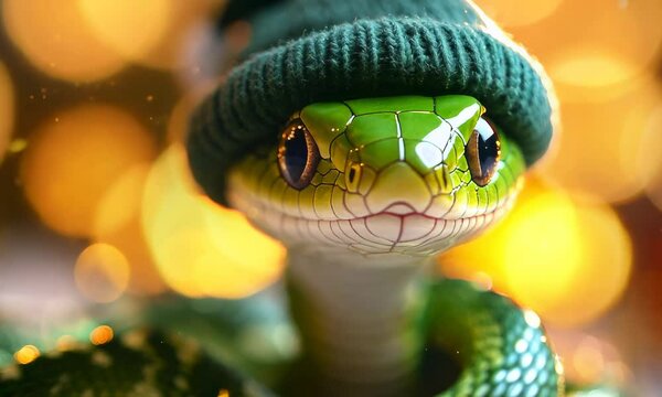 Green snake wearing a knit beanie, blending humor and surrealism in a vibrant, festive setting.