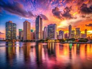 Obraz premium Captivating Low Light Photography of Dynamic Miami Skyline with Business Skyscrapers Illuminated by a Stunning Sunset Over the Water