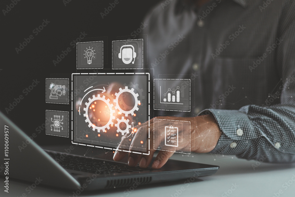 Poster RPA Robotic process automation innovation technology concept. Intelligent system automation. AI. Artificial intelligence. Businessman working on a laptop computer using digital RPA interface.