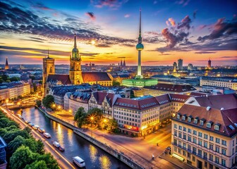 Naklejka premium Captivating Low Light Photography Showcasing the Architectural Beauty of Germany and Its Federal States at Dusk, Highlighting Historic Landmarks and Vibrant City Life