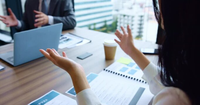 Hands, business people and presentation with documents, pitch and discussion for meeting in Japan. Group, technology and communication for brainstorming, project and teamwork for company proposal