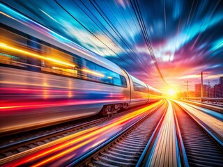 Fototapeta premium Captivating Macro Photography of a Fast Moving Train in Light Speed Motion, Showcasing Blurred Details and Vibrant Colors for a Dynamic Visual Experience