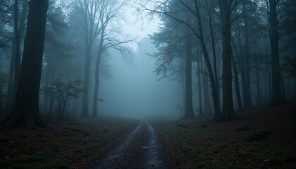 Obraz premium Foggy forest path, symbolizing introspection and the journey through difficult emotions