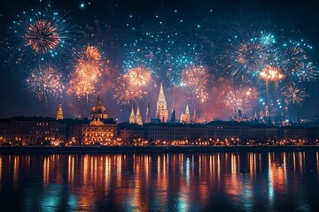 New Year's Eve fireworks over Vienna skyline reflecting in the Danube River, festive cityscape celebration