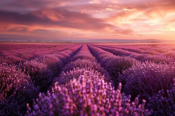 Fototapeta premium Lavender fields stretch towards a mountain under a colorful sunset sky with scattered clouds