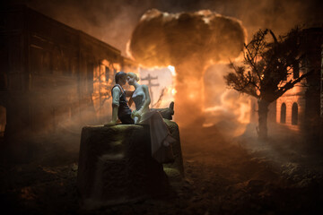 Nuclear war apocalypse concept. Explosion of nuclear bomb in city. City destroyed by atomic war....