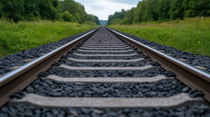 Obraz premium A train track with a long, narrow path of grass in between