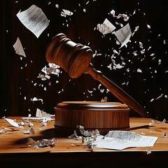 Judges Gavel Slamming Down on Papers in Dramatic Courtroom Scene