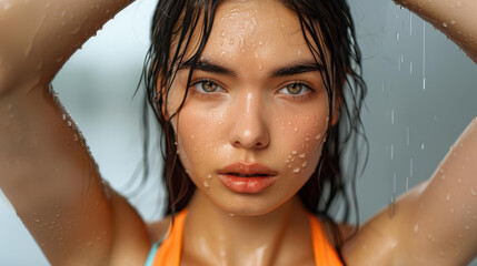 Naklejka premium A young, athletic woman wipes sweat from her brow, showcasing her determination after a grueling workout session at the gym.