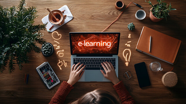 Student typing on laptop with e learning content, surrounded by plants, stationery, and coffee, creating productive study environment