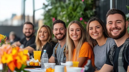 Obraz premium A group of people are smiling and posing for a photo at a table with drinks