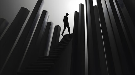 Man Ascending Staircase Between Tall Dark Pillars