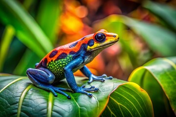 Obraz premium Captivating Panoramic View of Colorful Rainforest Poison Dart Frog in Lush Jungle Habitat Showcasing Wildlife Diversity and Vibrant Ecosystem Beauty