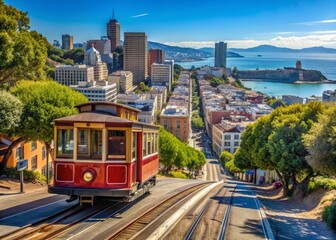 Obraz premium Captivating Panoramic View of the Iconic San Francisco Cable Car Traversing Scenic Hills with Vibrant Cityscape and Blue Skies as a Backdrop