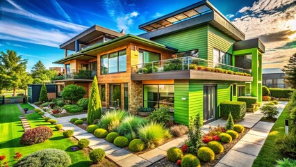 Fototapeta premium Captivating Portrait Photography of Green Real Estate Concepts Showcasing Sustainable Architecture and Eco-Friendly Living Spaces with Lush Landscaping and Natural Light