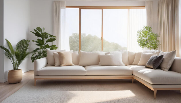 Modern Minimal clean clear contemporary living room home interior design daylight background,beige white sofa couch in living room daylight from window freshness moment mock up1