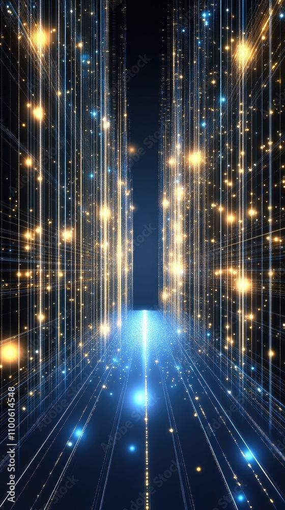 Poster abstract visual showcases glowing data lines combined with light particles, emphasizing big data tec