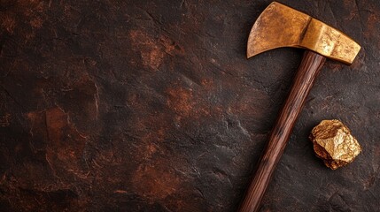 Miner's pickaxe and gold nugget, close-up with rustic textures